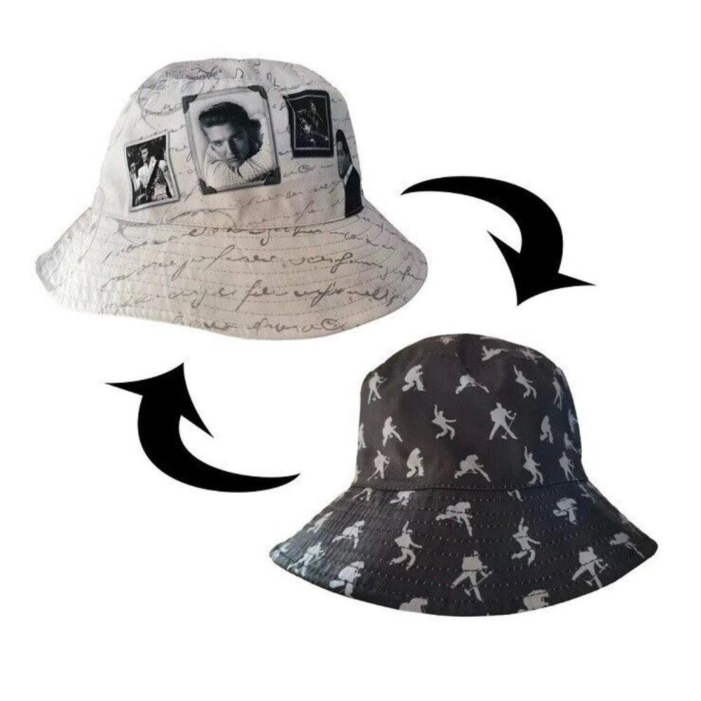 New White Elvis Presley Reversible Bucket Hat Adult Sun Summer One Size Pictures - Picture 3 of 3
